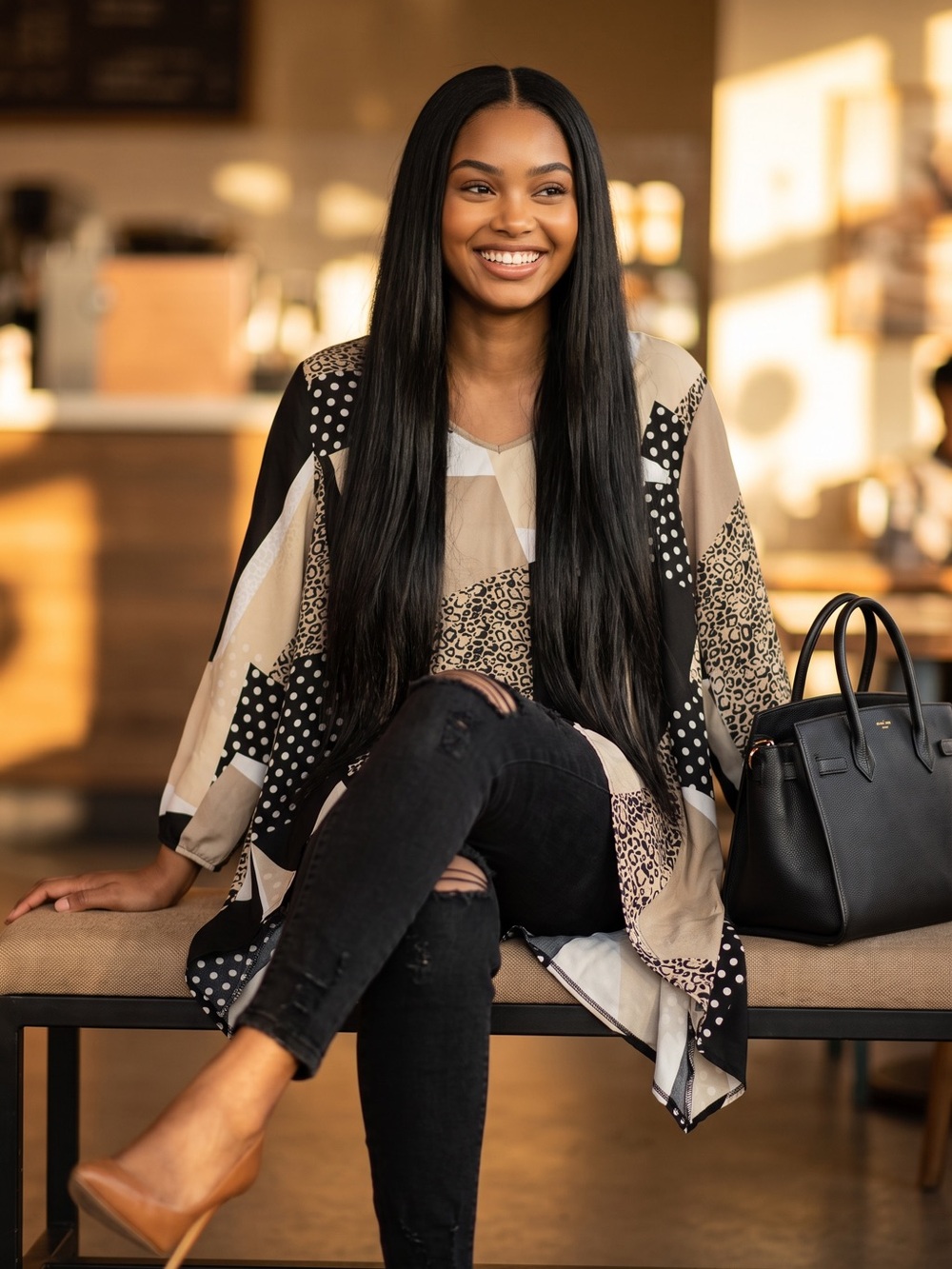 Black & Beige Animal Print Blouse